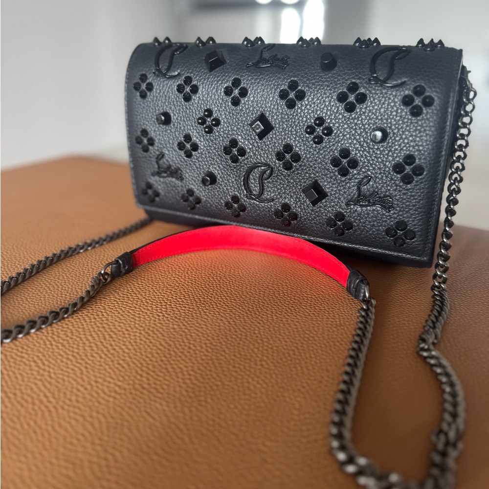 Christian Louboutin Paloma Clutch Crossbody Leather Black on Black Studded